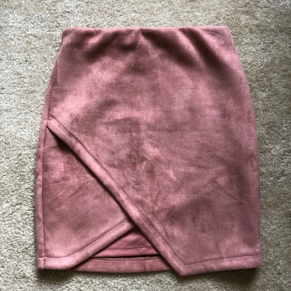 Pink suede slit asymmetrical skirt